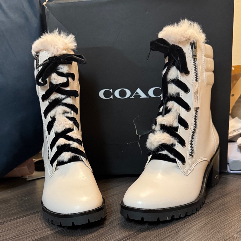 Coach Women's Lace-Up Boots in White and Black